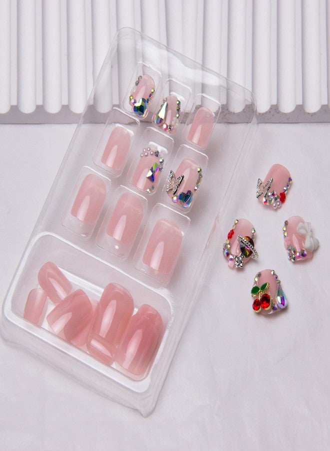 TOGZOM French Tip Press on Nails Short Square Fake Nails Rhinestone Acrylic Nails Glossy Nude Pink False Nails with Designs Bow Butterfly Charm Glue on Artificial Nails for Women Manicure Art Decoration - Image 4